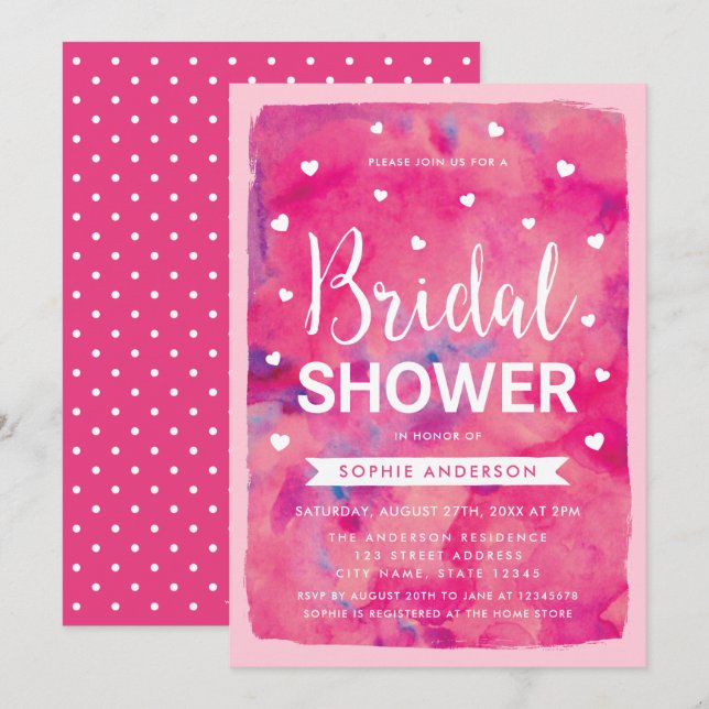 Pink Watercolor Hearts Bridal Shower Invitation (Front/Back)