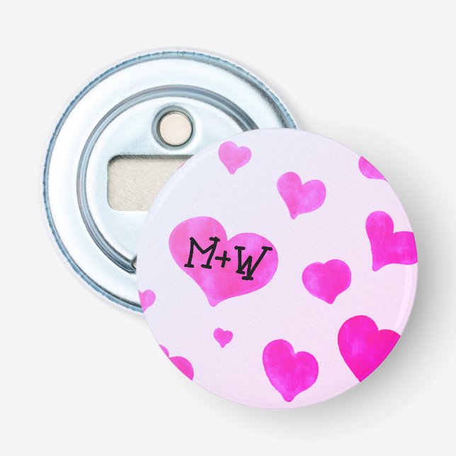 Pink watercolor hearts Custom Couple name initials Bottle Opener (Front)