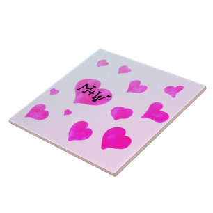 Pink watercolor hearts Custom Couple name initials Ceramic Tile