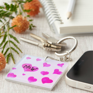 Pink watercolor hearts Custom Couple name initials Keychain