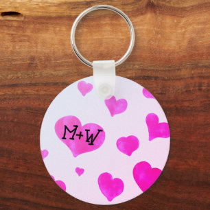 Pink watercolor hearts Custom Couple name initials Keychain
