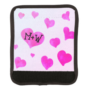 Pink watercolor hearts Custom Couple name initials Luggage Handle Wrap