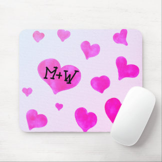 Pink watercolor hearts Custom Couple name initials Mouse Pad