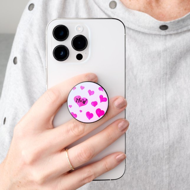 Pink watercolor hearts Custom Couple name initials PopSocket (Hand)