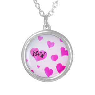 Pink watercolor hearts Custom Couple name initials Silver Plated Necklace