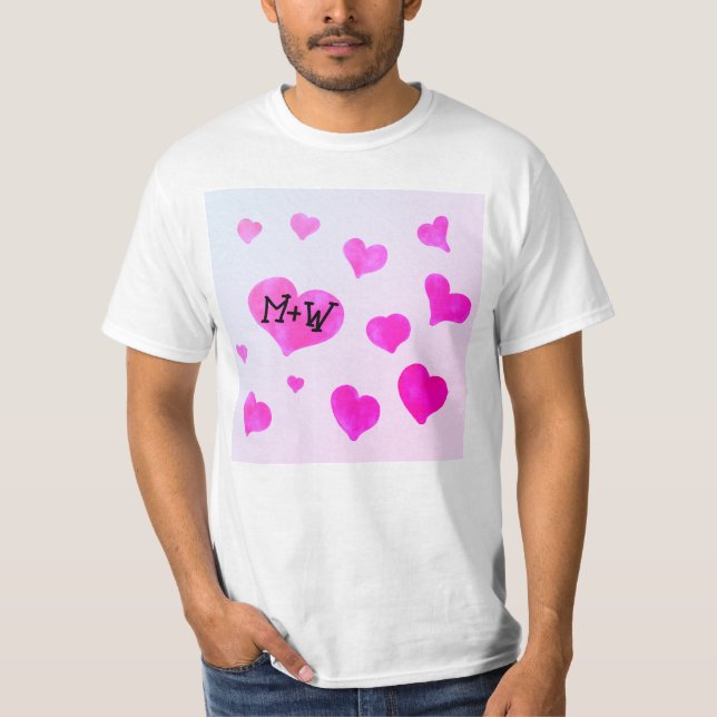 Pink watercolor hearts Custom Couple name initials T-Shirt (Front)