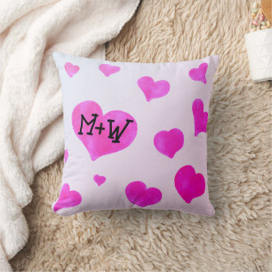 Pink watercolor hearts Custom Couple name initials Throw Pillow