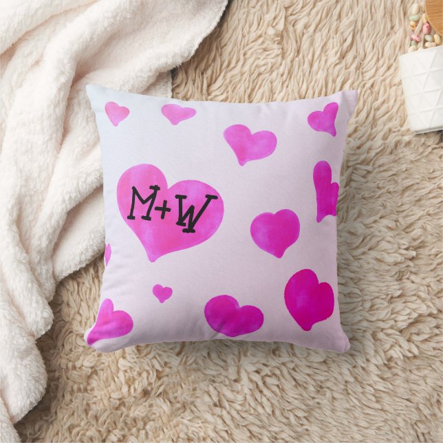 Pink watercolor hearts Custom Couple name initials Throw Pillow (Blanket)