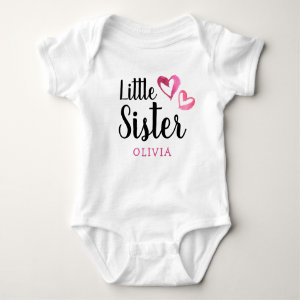 Pink Watercolor Hearts Little Sister Name Monogram Baby Bodysuit