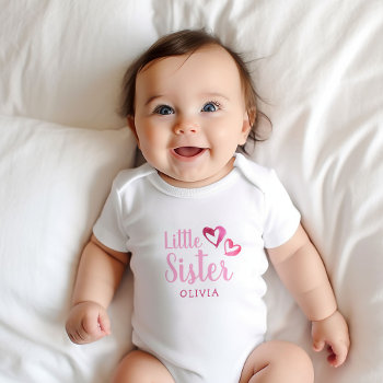 Pink Watercolor Hearts Little Sister Name Monogram Baby Bodysuit by jenniferstuartdesign at Zazzle