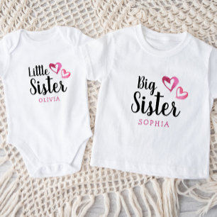 Pink Watercolor Hearts Little Sister Name Monogram Baby Bodysuit