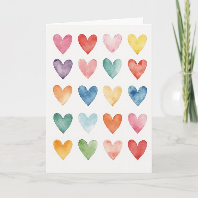 Pink Watercolor Hearts Love Card (Front)