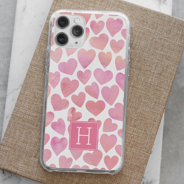 Pink Watercolor Hearts Monogrammed iPhone 15 Pro Max Case (Creator Uploaded)