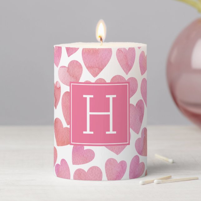 Pink Watercolor Hearts Monogrammed Pillar Candle (In Situ)
