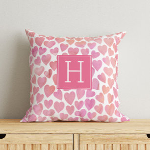 Pink Watercolor Hearts Monogrammed Throw Pillow