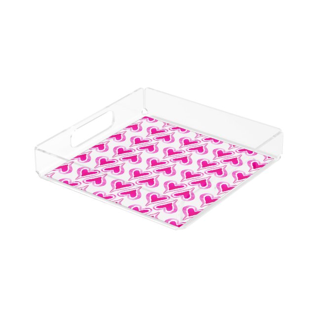 Pink Watercolor Hearts on White Acrylic Tray (Angled)