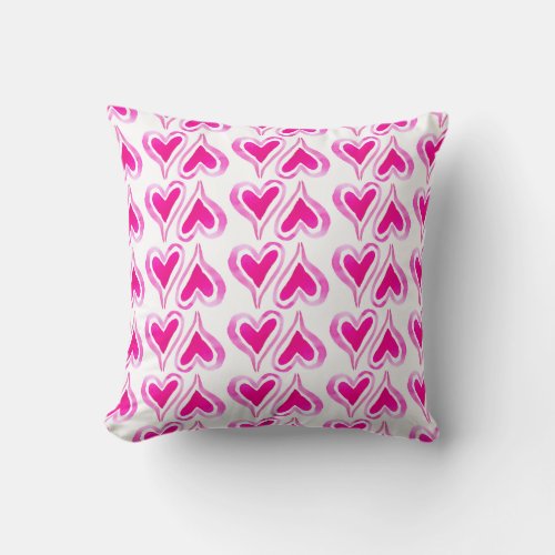 Pink Watercolor Hearts on White Throw Pillow