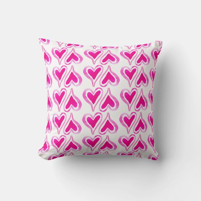 Pink Watercolor Hearts on White Throw Pillow (Front)