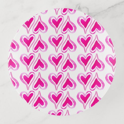 Pink Watercolor Hearts on White Trinket Tray