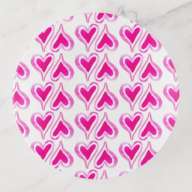 Pink Watercolor Hearts on White Trinket Tray (Front)