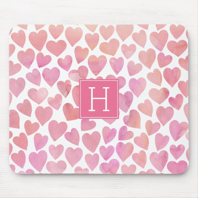 Pink Watercolor Hearts Pattern Mouse Pad (Front)