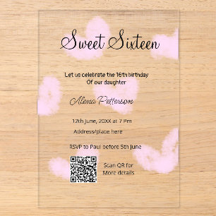 Pink watercolor hearts QR Sweet sixteen birthday Acrylic Invitations
