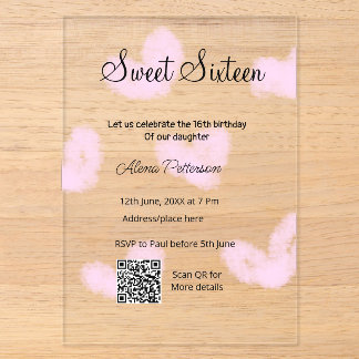 Pink watercolor hearts QR Sweet sixteen birthday Acrylic Invitations