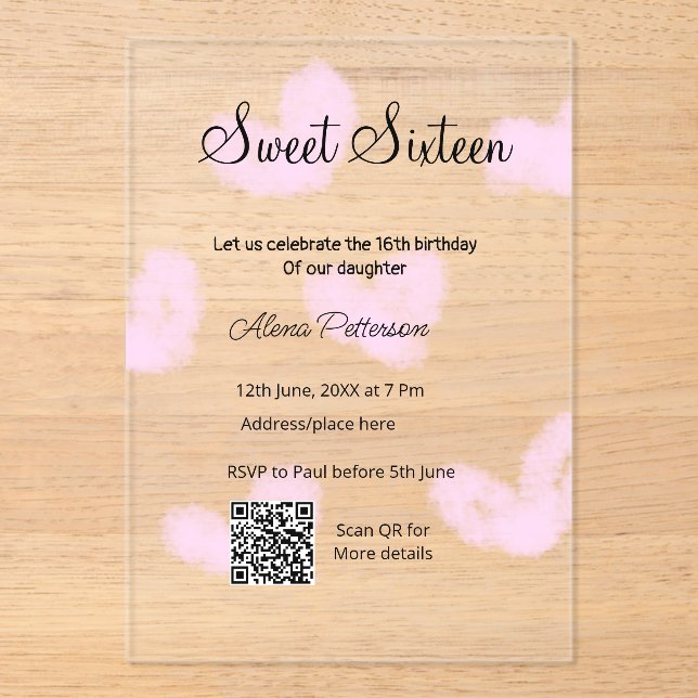 Pink watercolor hearts QR  Sweet sixteen birthday  Acrylic Invitations (Front)