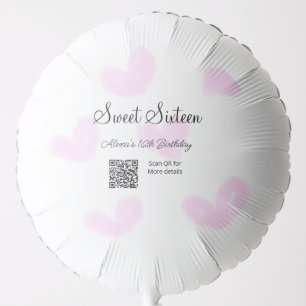 Pink watercolor hearts QR  Sweet sixteen birthday  Balloon