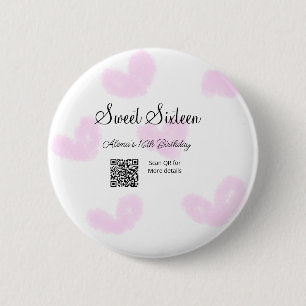 Pink watercolor hearts QR Sweet sixteen birthday Button