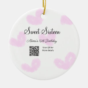 Pink watercolor hearts QR Sweet sixteen birthday Ceramic Ornament