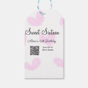 Pink watercolor hearts QR Sweet sixteen birthday Gift Tags