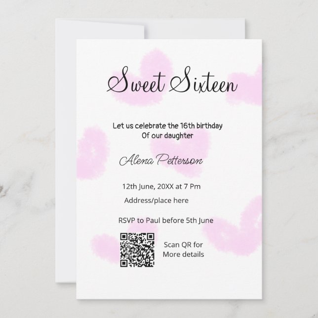 Pink watercolor hearts QR  Sweet sixteen birthday  Invitation (Front)