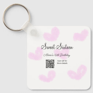 Pink watercolor hearts QR Sweet sixteen birthday Keychain