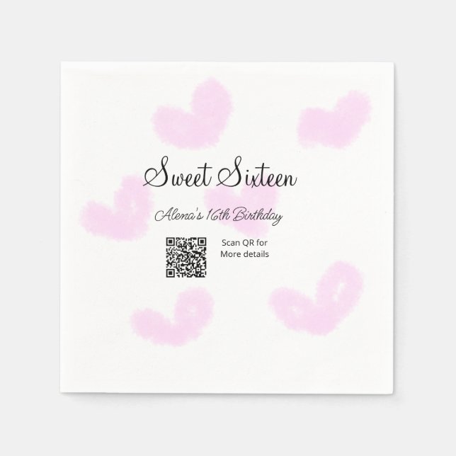 Pink watercolor hearts QR  Sweet sixteen birthday  Napkins (Front)