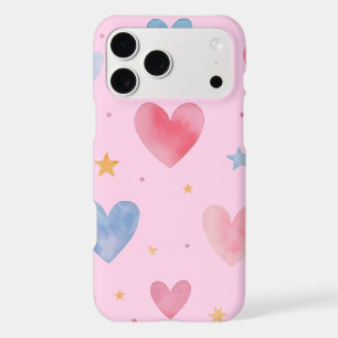 Pink Watercolor Hearts & Stars Pattern iPhone 17 Pro Max Case