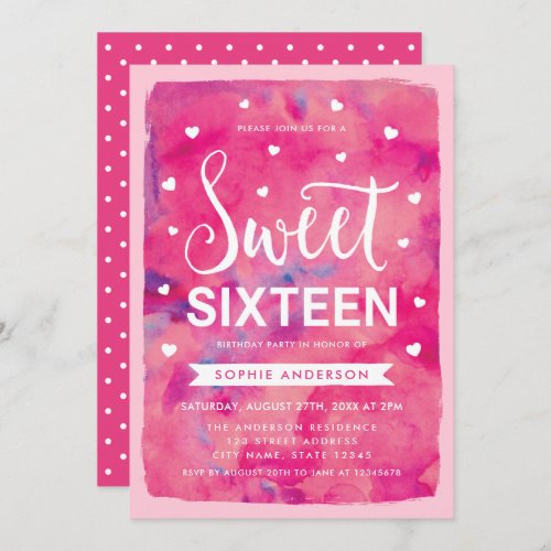 Pink Watercolor Hearts Sweet 16 Birthday Party Invitation
