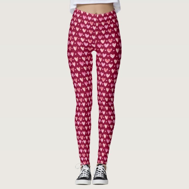 Pink Watercolor Hearts Valentines Pattern Leggings (Front)