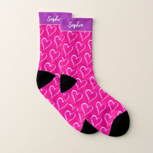 Pink Watercolor Hearts White Script Name on Pink Socks