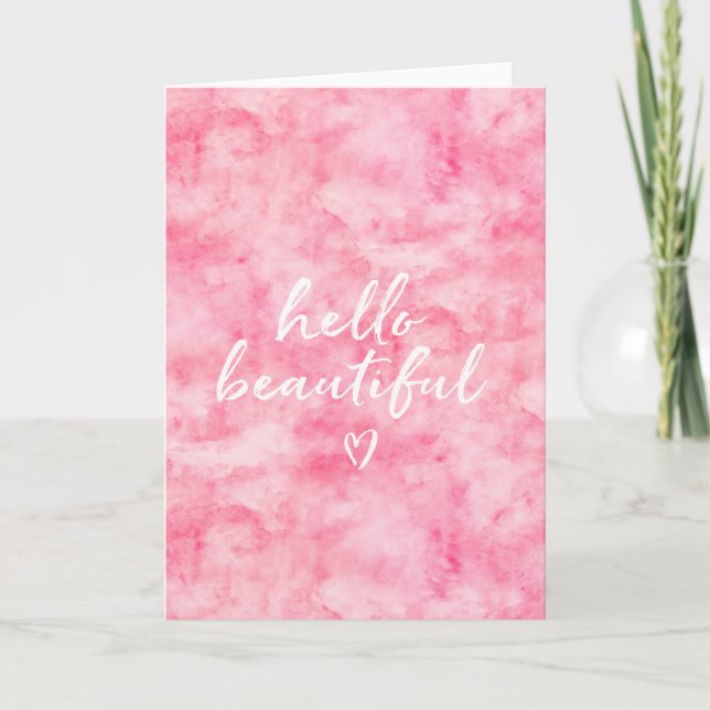 Pink Watercolor Hello Beautiful Heart Card (Front)