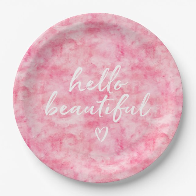 Pink Watercolor Hello Beautiful Heart Paper Plates (Front)