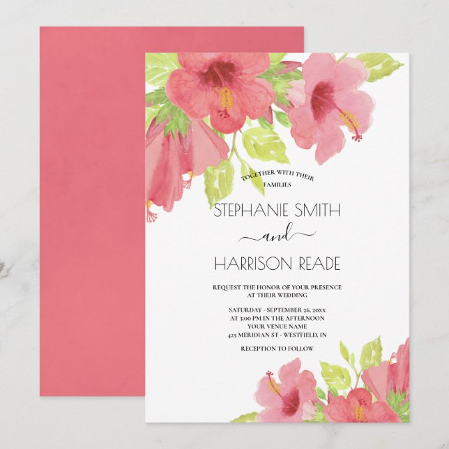 Pink Watercolor Hibiscus Floral Wedding Invitation (Front/Back)