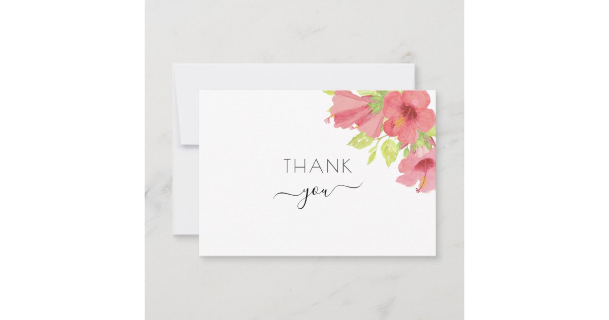 Pink Watercolor Hibiscus Floral Wedding Photo Thank You Card | Zazzle