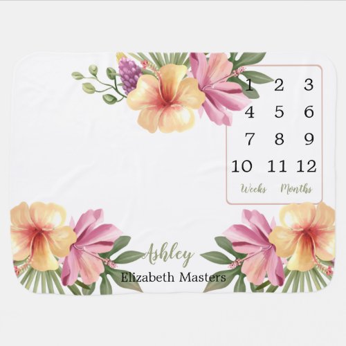 Pink Watercolor Hibiscus Floral Wk Month Milestone Baby Blanket