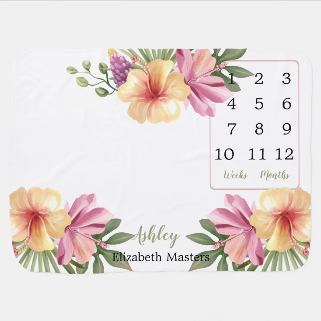 Pink Watercolor Hibiscus Floral Wk Month Milestone Baby Blanket (Horizontal)