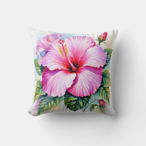 Pink Watercolor Hibiscus Flower Throw Pillow