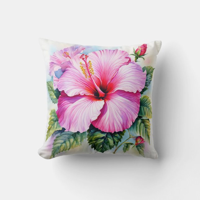 Pink Watercolor Hibiscus Flower Throw Pillow (Front)