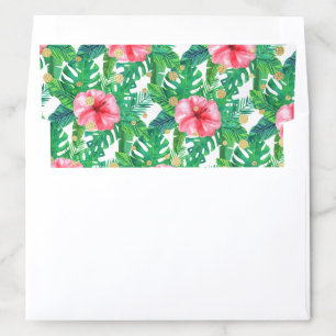 Pink Watercolor Hibiscus & Gold Foil Confetti Dots Envelope Liner