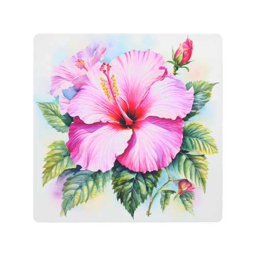 Pink Watercolor Hibiscus Metal Wall art