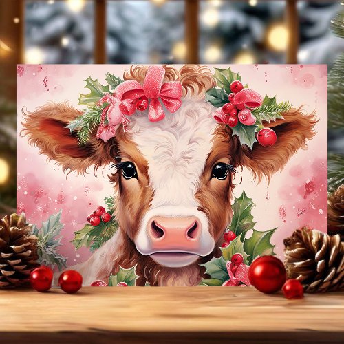 Christmas Greeting Cards 12 Pink Watercolor Holly Baby Cow Christmas Holiday Card